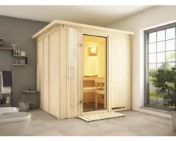 Plug & Play Sauna Karibu Achat VIII ohne Ofen mit Dachkranz und Ganzglastüre aus Klarglas