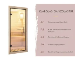 Plug & Play Sauna Karibu Achat VIII ohne Ofen mit Dachkranz und Ganzglastüre aus Klarglas