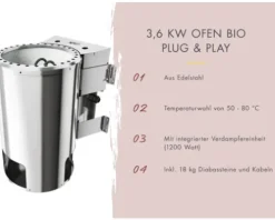 Plug & Play Sauna Karibu Maria inkl. 3,6 kW Bio Ofen u.ext.Steuerung ohne Dachkranz mit bronzierter Ganzglastüre