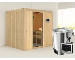 Plug & Play Sauna Karibu Maria inkl. 3,6 kW Bio Ofen u.ext.Steuerung ohne Dachkranz mit bronzierter Ganzglastüre