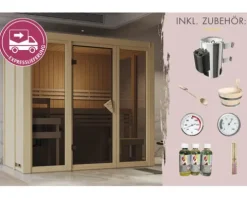 Plug & Play Sauna Karibu Rapido 2 Express inkl. 3,6 kW Ofen inkl. integrierter Steuerung ohne Dachkranz mit bronzierte Ganzglastür