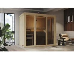 Plug & Play Sauna Karibu Rapido 2 Express inkl. 3,6 kW Ofen inkl. integrierter Steuerung ohne Dachkranz mit bronzierte Ganzglastür
