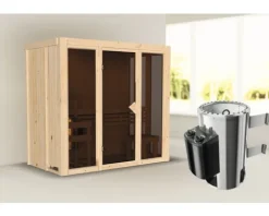 Plug & Play Sauna Karibu Rapido 2 Express inkl. 3,6 kW Ofen inkl. integrierter Steuerung ohne Dachkranz mit bronzierte Ganzglastür