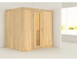 Plug & Play Sauna Karibu Wanja ohne Ofen und Dachkranz mit Holztüre und Isolierglas wärmegedämmt