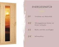 Plug & Play Sauna Karibu Wanja ohne Ofen und Dachkranz mit Holztüre und Isolierglas wärmegedämmt