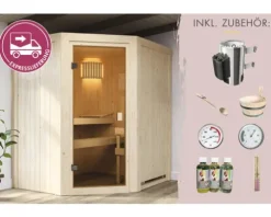 Plug & Play Karibu Avanti inkl. 3,6 kW Ofen inkl. integrierter Steuerung ohne Dachkranz mit bronzierter Ganzglastür