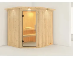 Plug & Play Sauna Karibu Achat VII ohne Ofen mit Dachkranz und Ganzglastüre aus Klarglas