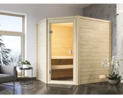 Plug & Play Sauna Karibu Jella inkl.3,6 kW Ofen u.integr.Steuerung ohne Dachkranz mit bronzierter Ganzglastüre