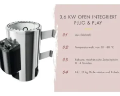 Plug & Play Sauna Karibu Sandra inkl.3,6 kW Ofen u.integr.Steuerung ohne Dachkranz mit bronzierter Ganzglastüre