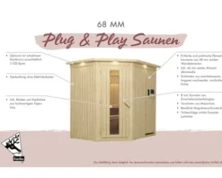 Plug & Play Sauna Karibu Silja inkl. 3,6 kW Ofen u.integr.Steuerung ohne Dachkranz mit Ganzglastüre aus Klarglas
