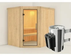 Plug & Play Sauna Karibu Silja inkl. 3,6 kW Ofen u.integr.Steuerung ohne Dachkranz mit Ganzglastüre aus Klarglas