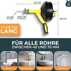 Rohrreinigungsspirale 2.0 [7,5m] - mit Bohraufsatz - Ideale Abflussspirale für eine umweltfreundliche Rohrreinigung - Die Rohrspirale für echte Heimwerker