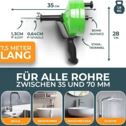 Rohrreinigungsspirale [7,5M] - mit Bohraufsatz - Ideale Abflussspirale für eine umweltfreundliche Rohrreinigung - Die stabile Rohrspirale für echte Heimwerker! (7,5M - 0,64CM)