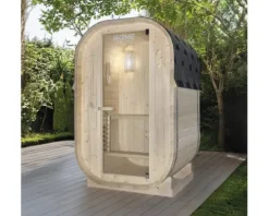 Saunahaus Home Deluxe Cube S inkl. 3,6 kW Ofen und integrierter Steuerung mit Ganzglastüre aus Klarglas