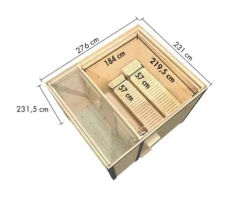 Saunahaus Karibu Sares 2 ohne Ofen mit Fenster und Ganzglastür aus Klarglas Holz Fichte Metallumrahmung anthrazit