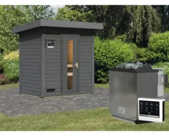 Saunahaus Karibu Talos 1 inkl. 9 kW Bio Ofen u.ext. Steuerung und Holztür und Isolierglas terragrau
