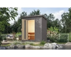 Saunahaus Karibu Talos 1 inkl. 9 kW Bio Ofen u.ext. Steuerung und Holztür und Isolierglas terragrau