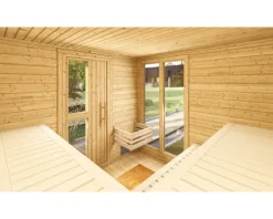 Saunahaus Weka Kuopio inkl.9 kW Ofen u.ext.Steuerung mit Fenster und Holztüre mit Isolierglas wärmegedämmt