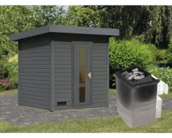Saunahaus Karibu Andale 2 Express inkl. 9 kW und integrierter Steuerung mit Holztüre und Isolierglas Klarglas terragrau