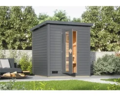 Saunahaus Karibu Andale 2 Express inkl. 9 kW und integrierter Steuerung mit Holztüre und Isolierglas Klarglas terragrau