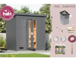 Saunahaus Karibu Andale 2 Express inkl. 9 kW und integrierter Steuerung mit Holztüre und Isolierglas Klarglas terragrau