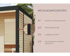 Saunahaus Karibu Sares 3 ohne Ofen mit Fenster und Ganzglastür aus Klarglas Holz Fichte Metallrahmen anthrazit