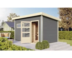 Saunahaus Karibu Skrollano 3 inkl.9 kW Ofen u.ext.Steuerung mit Vorraum und Holztüre mit Isolierglas wärmegedämmt terragrau/weiß