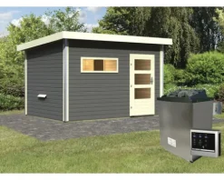 Saunahaus Karibu Skrollano 3 inkl.9 kW Ofen u.ext.Steuerung mit Vorraum und Holztüre mit Isolierglas wärmegedämmt terragrau/weiß