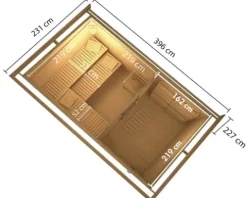 Saunahaus Karibu Skrollano 3 inkl.9 kW Ofen u.ext.Steuerung mit Vorraum und Holztüre mit Isolierglas wärmegedämmt terragrau/weiß