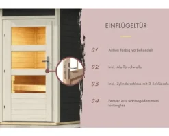 Saunahaus Karibu Skrollano 3 inkl.9 kW Ofen u.ext.Steuerung mit Vorraum und Holztüre mit Isolierglas wärmegedämmt terragrau/weiß