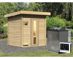 Saunahaus Karibu Talos 2 Express inkl. 9 kW Bio Ofen und externer Steuerung ohne Vorraum mit Holztür und Isolierglas