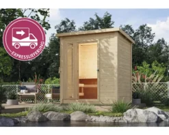Saunahaus Karibu Talos 1 Express inkl. 9 kW Bio Ofen und externer Steuerung ohne Vorraum mit Holztür und Isolierglas