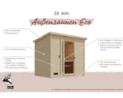 Saunahaus Karibu Talos 1 Express inkl. 9 kW Bio Ofen und externer Steuerung ohne Vorraum mit Holztür und Isolierglas