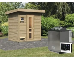 Saunahaus Karibu Talos 1 Express inkl. 9 kW Bio Ofen und externer Steuerung ohne Vorraum mit Holztür und Isolierglas