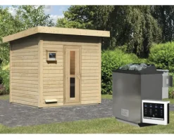 Saunahaus Karibu Talos 3 Express inkl. 9 kW Bio Ofen und externer Steuerung ohne Vorraum mit Holztür und Isolierglas