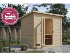 Saunahaus Karibu Talos 3 Express inkl. 9 kW Bio Ofen und externer Steuerung ohne Vorraum mit Holztür und Isolierglas