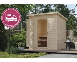 Saunahaus Karibu Talos 2 Express inkl. 9 kW Ofen und externer Steuerung ohne Vorraum mit Holztür und Isolierglas