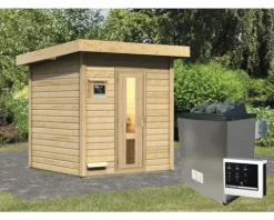 Saunahaus Karibu Talos 2 Express inkl. 9 kW Ofen und externer Steuerung ohne Vorraum mit Holztür und Isolierglas
