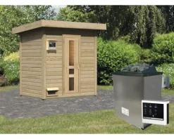 Saunahaus Karibu Talos 1 Express inkl. 9 kW Ofen und externer Steuerung ohne Vorraum mit Holztür und Isolierglas