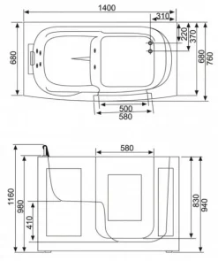 Sitzwanne Whirlpool Wanne mit Tür S07WP-TH-C-R 140x76cm