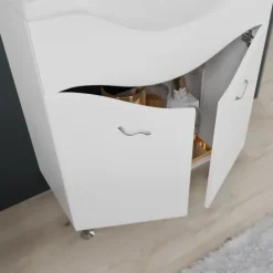 Unterschrank 2-türig, Keramik-Waschtisch, Spiegel mit LED – Beleuchtung und Hängeschrank | Easy