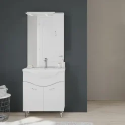 Unterschrank 2-türig, Keramik-Waschtisch, Spiegel mit LED – Beleuchtung und Hängeschrank | Easy