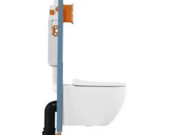 VitrA Wand-WC Set Mia Tiefspüler ohne Spülrand weiß glänzend mit antibakterieller VitrA Hygiene Glasur, WC-Sitz, Vorwandelement und Betätigungsplatte chrom 800-2021