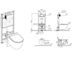 VitrA Wand-WC Set Mia Tiefspüler ohne Spülrand weiß glänzend mit antibakterieller VitrA Hygiene Glasur, WC-Sitz, Vorwandelement und Betätigungsplatte chrom 800-2021
