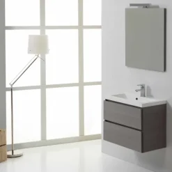 Waschtisch mit Unterschrank und Spiegel mit LED-Leuchte, in Holzoptik Dunkelgrau | Manhattan