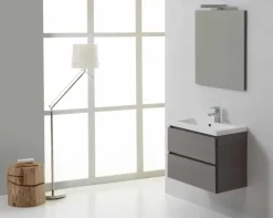 Waschtisch mit Unterschrank und Spiegel mit LED-Leuchte, in Holzoptik Dunkelgrau | Manhattan