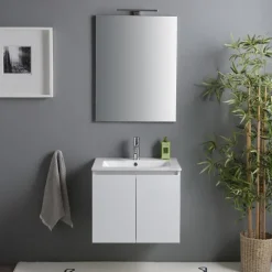 Waschtisch-Unterschrank 60 cm mit Waschbecken und Spiegel mit Lampe | Benaco