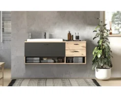 Xonox.home Badmöbelset Grado BxHxT 138 x 51 x 48 cm Frontfarbe eiche grau mit Waschtisch Mineralguss weiß