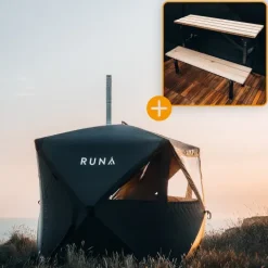 Zeltsauna CUBE Komplett Set · RUNA · mobil · schwarz · 1x Saunabank 2er Stufe