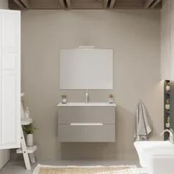 Zweifarbiges Möbel-Set für das Bad, Frontfarbe in matt Grau, Korpusfarbe Holzoptik weiß | Magnolia